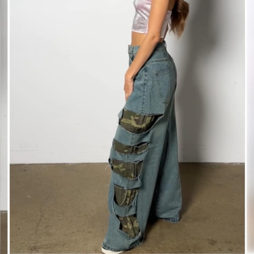Akira Denim Wide-Leg Pants with Camo Accents